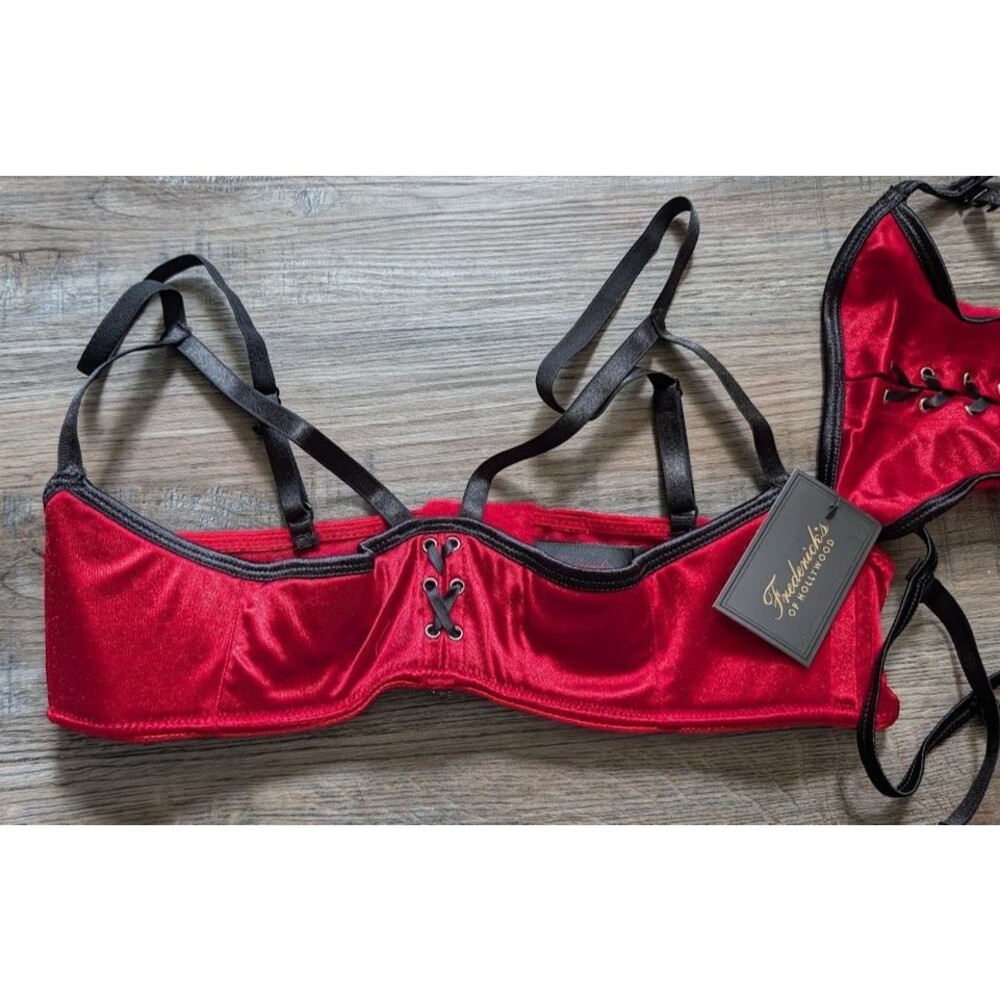 NWT Frederick's of Hollywood L Satin Microfibre Shelf Cup Bra & Thong w/Garters - Picture 2 of 5